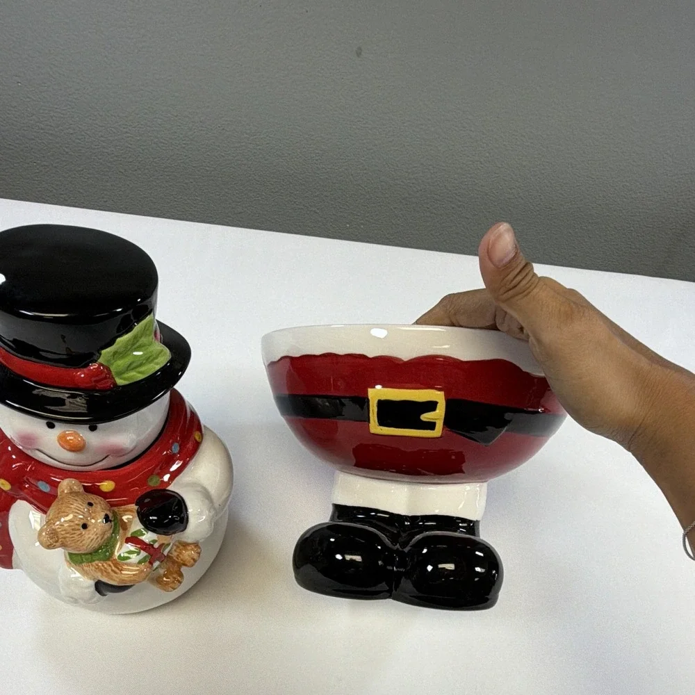 Sleigh Bell Bistro Christmas Ceramic Lot Snowman Cookie Jar Santa Pants Bowl